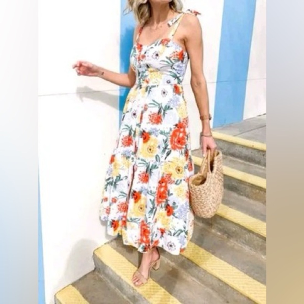 Urban Outfitters Positano Midi Dress Floral Poppies Button Front Linen Blend S